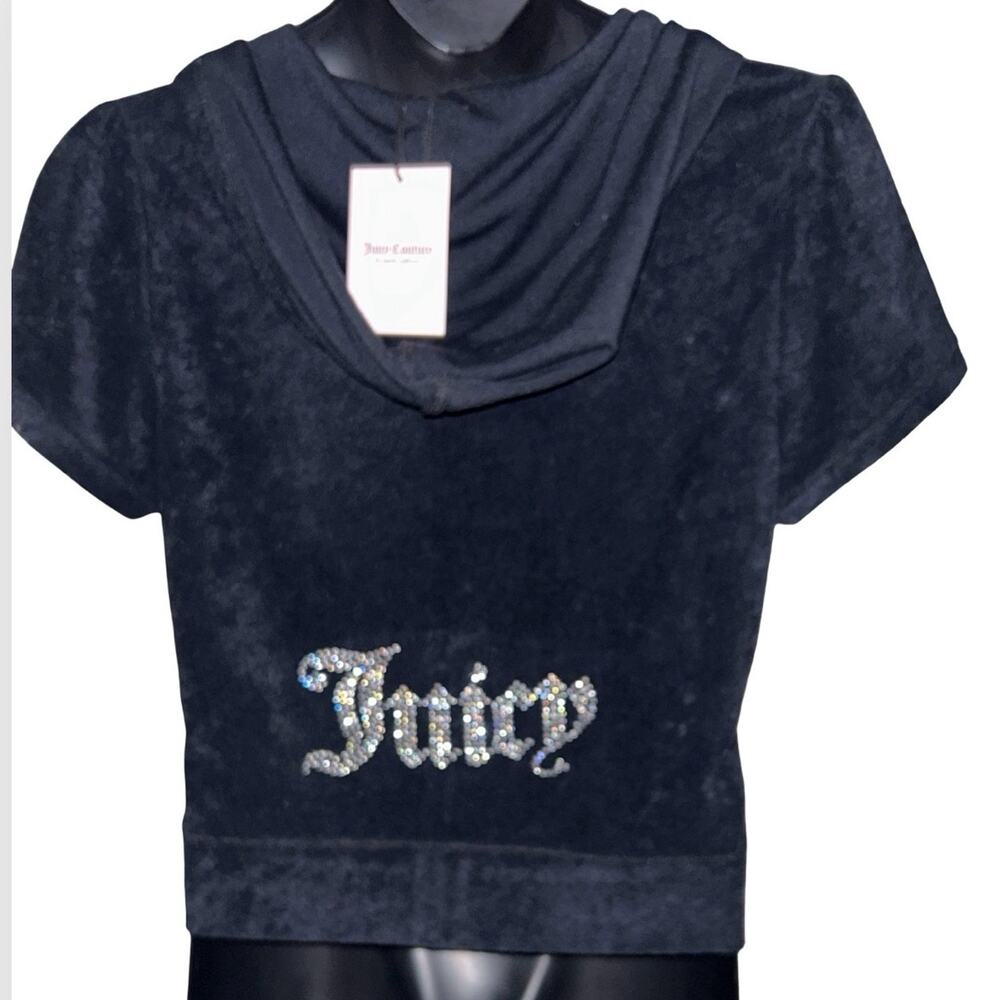 JUICY COUTURE RHINESTONE TERRYCLOTH BLACK XL SHORT-SLEEVE ZIP UP HOODIE NWT